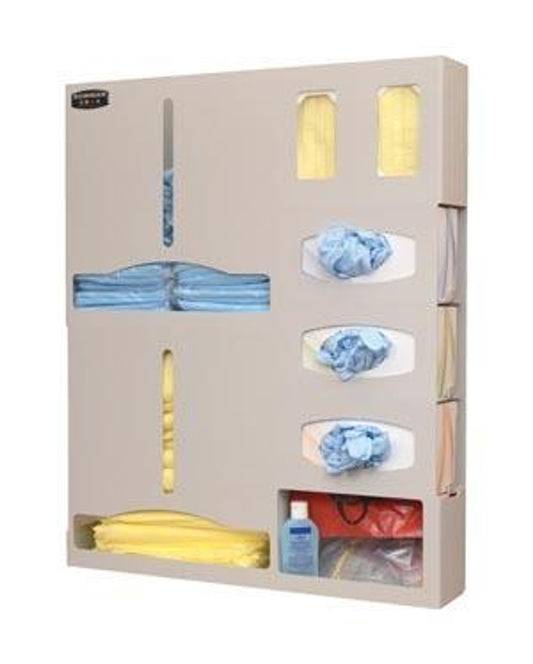 Protection System - Double GownHolds a Variety Of Gowns In Two Compartments, Three Boxes of Gloves, Two Boxes of Earloop Masks, And a Variety of Medical Supplies In Built-In Storage AreaKeyholes for Wall Mounting, or Door Hanger Cut Out for Use with Wall or Door HangerQuartz Beige Powder-Coated Aluminum (Made In The USA)