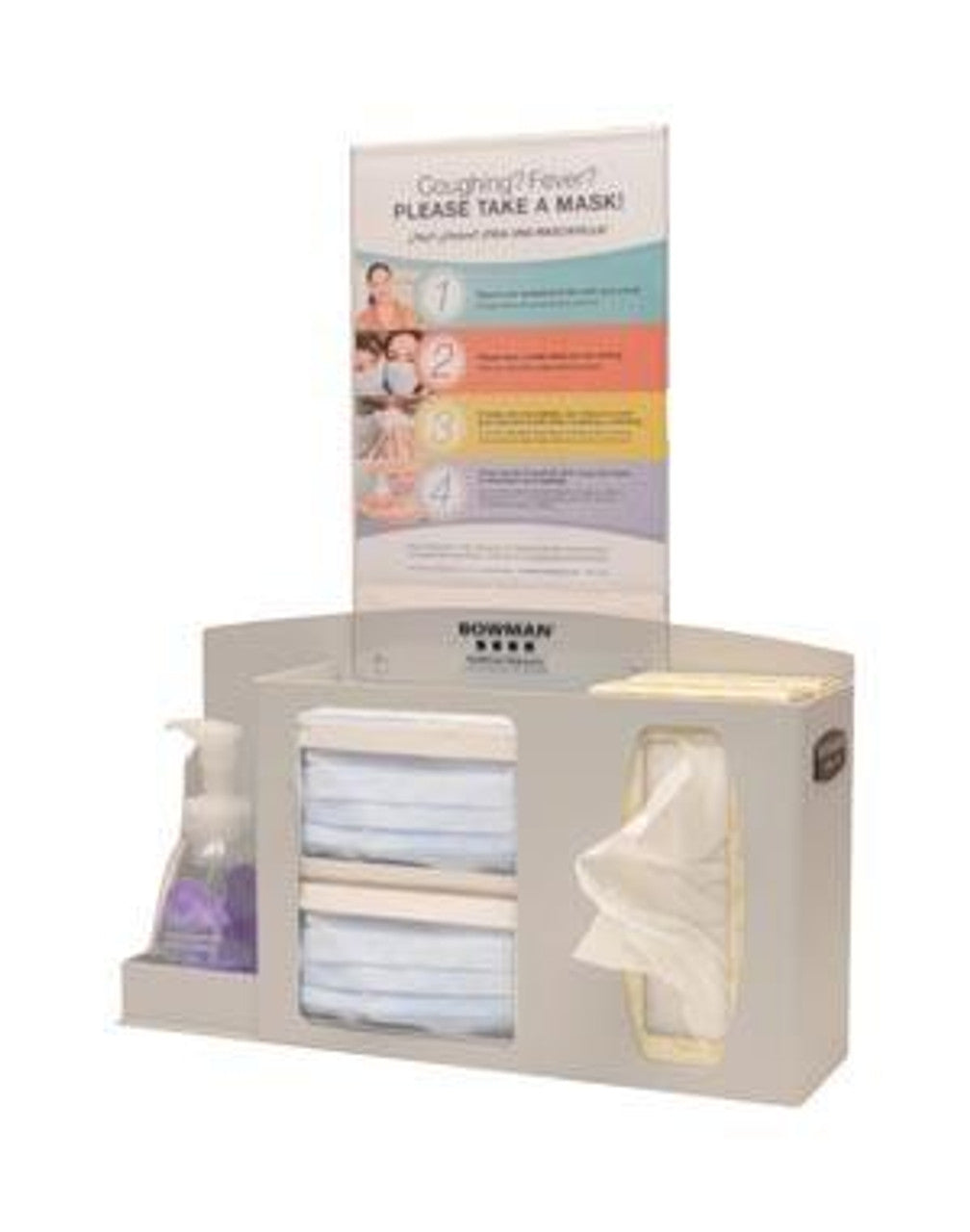 Respiratory Hygiene Station, Holds Two Boxes of Face Masks, One-Two Boxes of Facial Tissues or One Box of Gloves, and Hand Sanitizer (Not Included), Keyholes for Wall Mounting or Can Mount to a Floor Stand, Quartz Beige, ABS Plastic (Made in USA)
