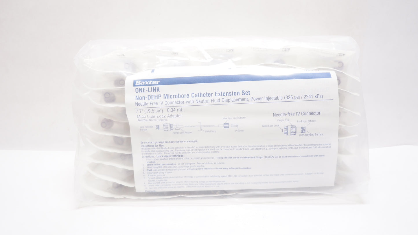 One-Link Catheter Extension Set, Straight, Microbore, Needle-Free IV Connector with Neutral Fluid Displacement, Power Injectable (325 psi), Male Luer Lock Adapter, 0.34 ml, 7.7" Length, Non-Pyrogenic, Non-DEHP, Sterile, 200/cs (Rx) (Continental US Only) (Product Access Restricted. Check with your sales rep to verify eligibility) (Item on Manufacturer Allocation - Inventory Limited when Available)