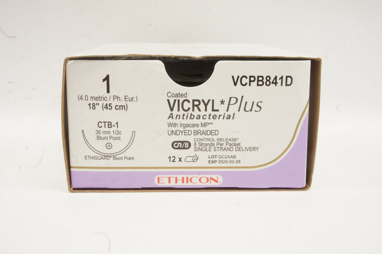 Suture, Ethiguard Blunt Point, Size 1, 8-18", Undyed Braided, Needle CTB-1, _ Circle, 1 dz/bx (Continental US Only)