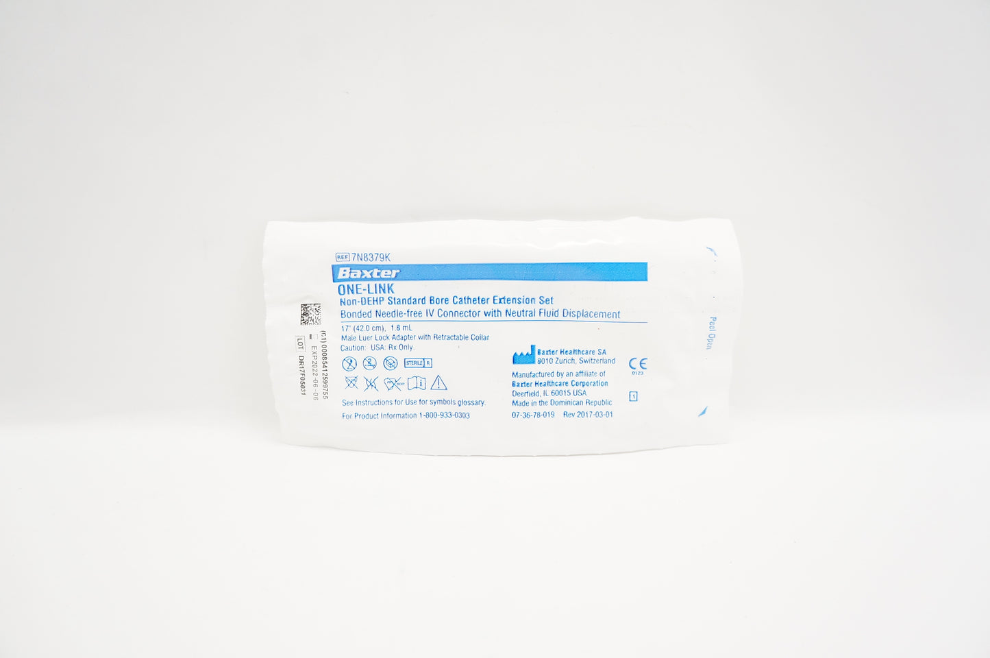 One-Link Catheter Extension Set, Straight, Standard Bore, Bonded, Needle-Free IV Connector with Neutral Fluid Displacement, Male Luer Lock Adapter with Retractable Collar, 1.8 ml, 17" Length, Non-DEHP, Sterile, 200/cs (Rx) (Continental US Only) (Product Access Restricted. Check with your sales rep to verify eligibility)