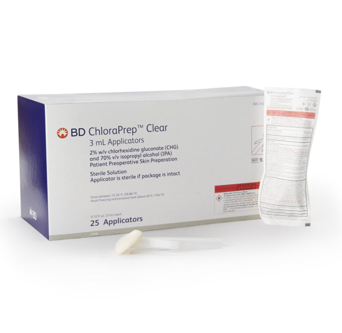 ChloraPrep Applicator, 3 ml, Clear, Sterile, 25/bx, 4 bx/cs (Temp Sensitive; Non-Returnable) (Continental US Only) (Item is considered HAZMAT and cannot ship via Air or to AK, GU, HI, MP, PR, VI) (Drop Ship Requires Pre-Approval) (Item on Manufacturer Allocation - Inventory Limited when Available)