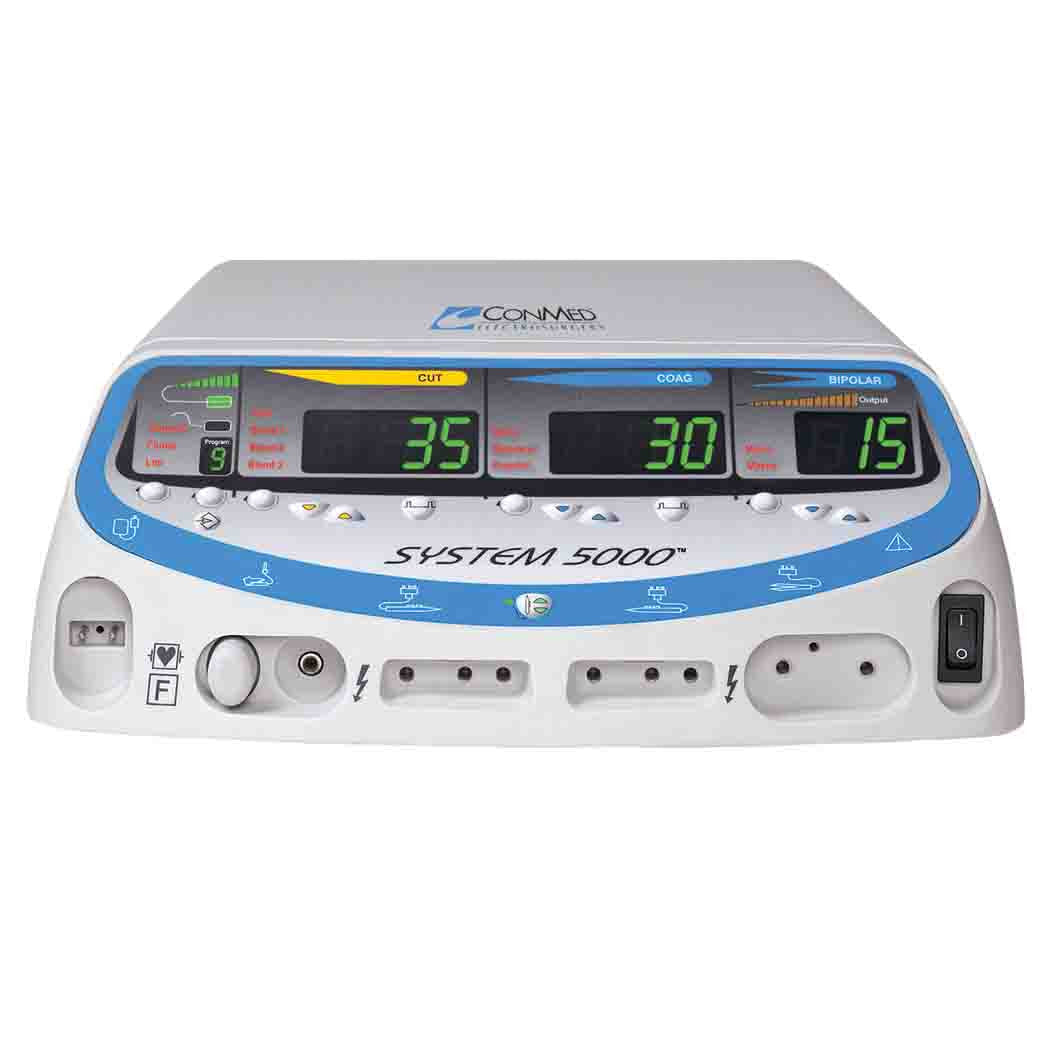 120V ESU System (English Front Panel): System 5000 ESU, Mobile Pedestal, Upper Storage Basket, Lower Storage Basket, Monopolar Footswitch with 15ft Cable, Bipolar Footswitch with 10ft Cable