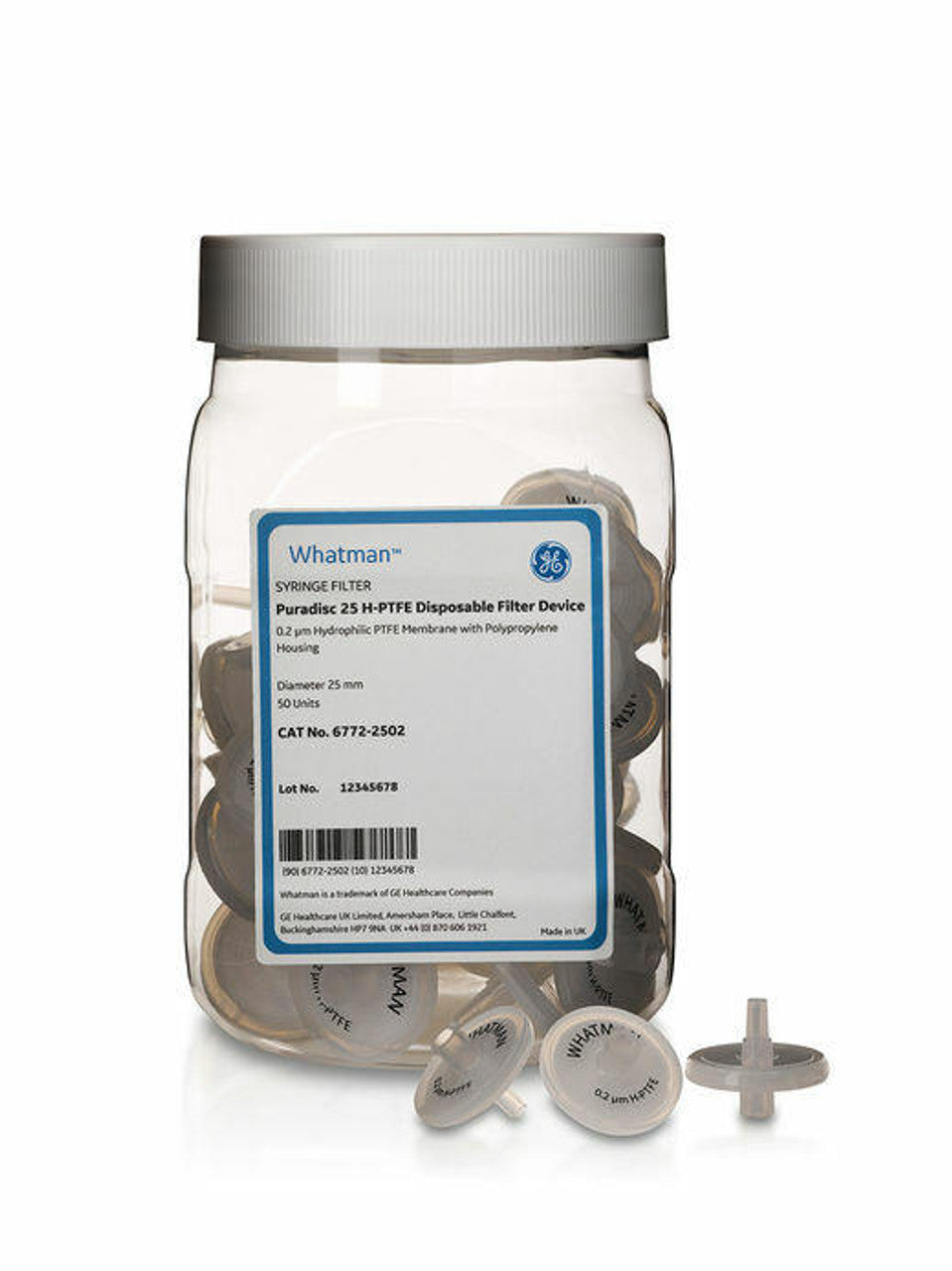 Syringe Filter, 25mm Dia, Puradisc, Non-Sterile, 0.2m Pore Size, Polytetrafluoroethylene (PTFE), Hydrophilic, 200/pk