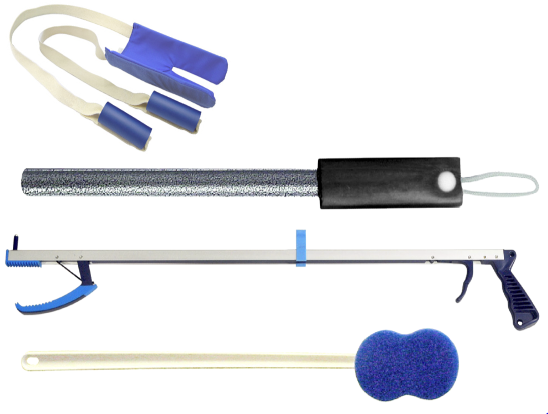 Hip Kit "D" Includes: (1) 27" Ergo Plus Reacher, (1) Deluxe Terry Covered Sock Aid with Foam Handles, (1) 24" Soft Handle Shoehorn & (1) Long Handle Bath Sponge (A handling charge of $9.95 will be added to any order under $25.00) (DROP SHIP ONLY)