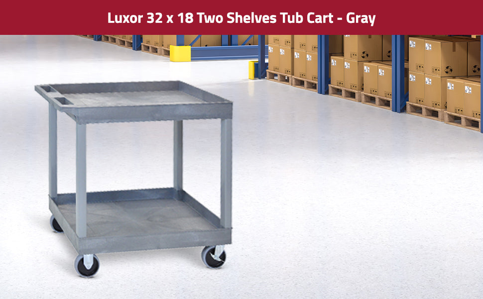 Tub Cart, Two Shelves (2.5" Deep each), Gray, 32"W x 18"D, with (4) 5" Heavy Duty Casters (2 with Locking Brakes), Maximum Weight Capacity 500lbs (DROP SHIP ONLY)