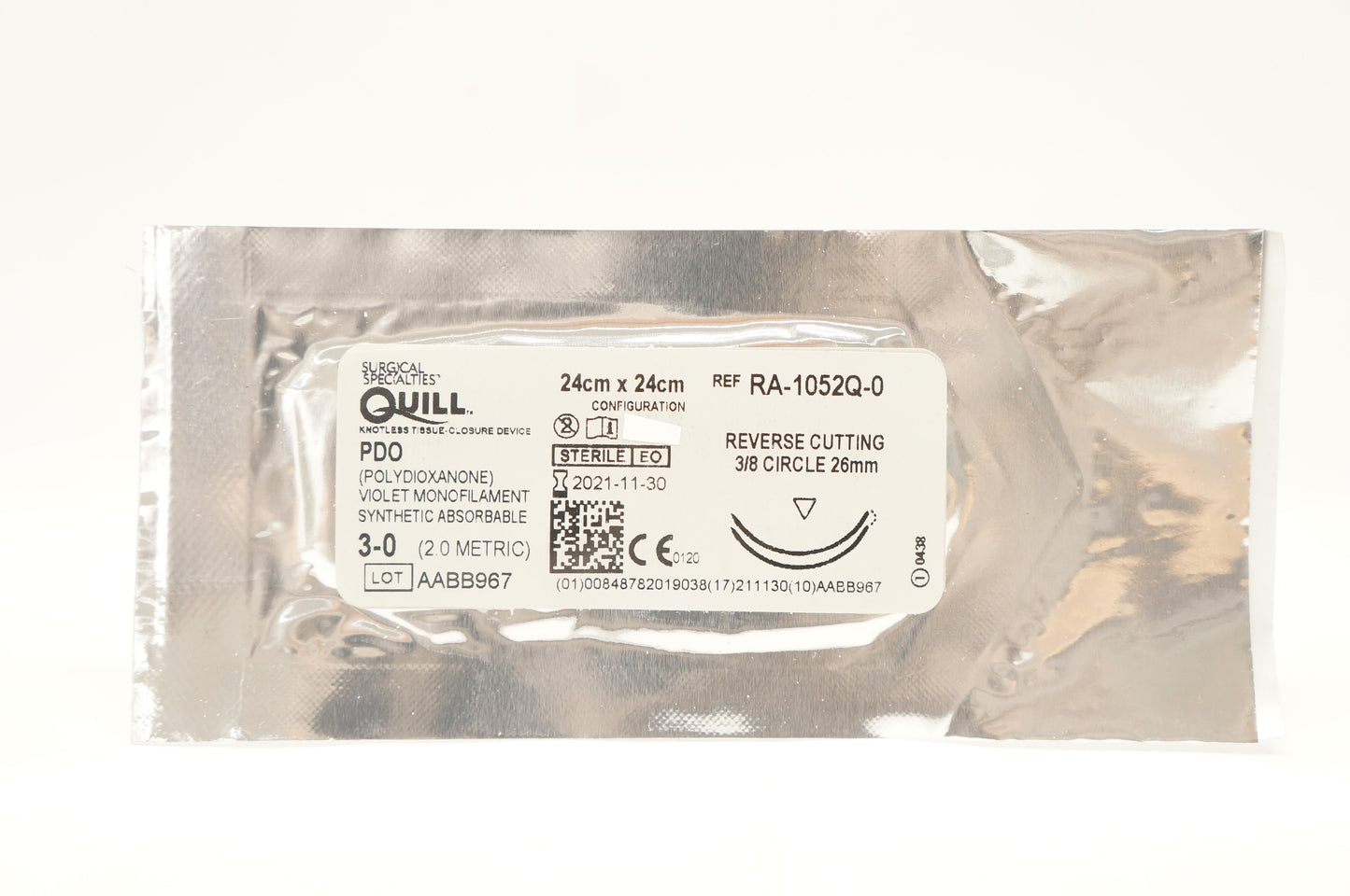 PDO Suture, Diamond Point, Size 2-0, 24cm x 24cm, 26mm, 3/8 Circle, 12/bx