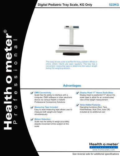 Digital Pediatric Tray Scale with Digital Height Rod, Kilograms Only, Optional Pelstar Wireless Technology, Variable Auto-Off Time, Audible/Mute Sound Option, Enabling Unit View with UOM Locked, Auto-Weight Holdf or 30 to 60 sec, Auto Zerio on Power Up, Everlock, Reweigh, Pre-Tare, Recal (DROP SHIP ONLY)