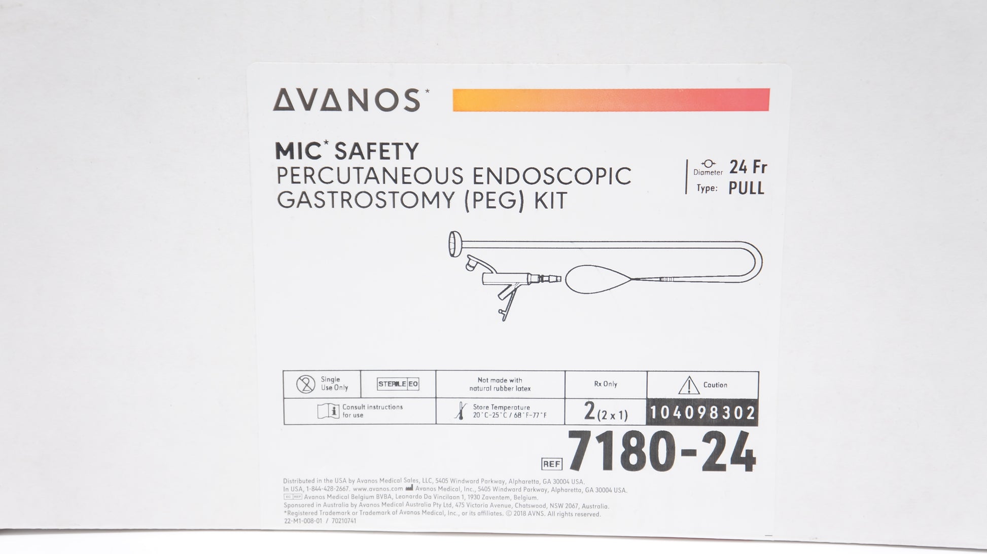 Safety Percutaneous Endoscopic Gastrostomy PEG Kit, Standard, Pull Method, 24FR, 2/cs (Rx) (Item is Non-Returnable) (US Only, Excluding IN and ND) (Authorized Distributor Sub-Agreement Required - See Manufacturer Details Page)