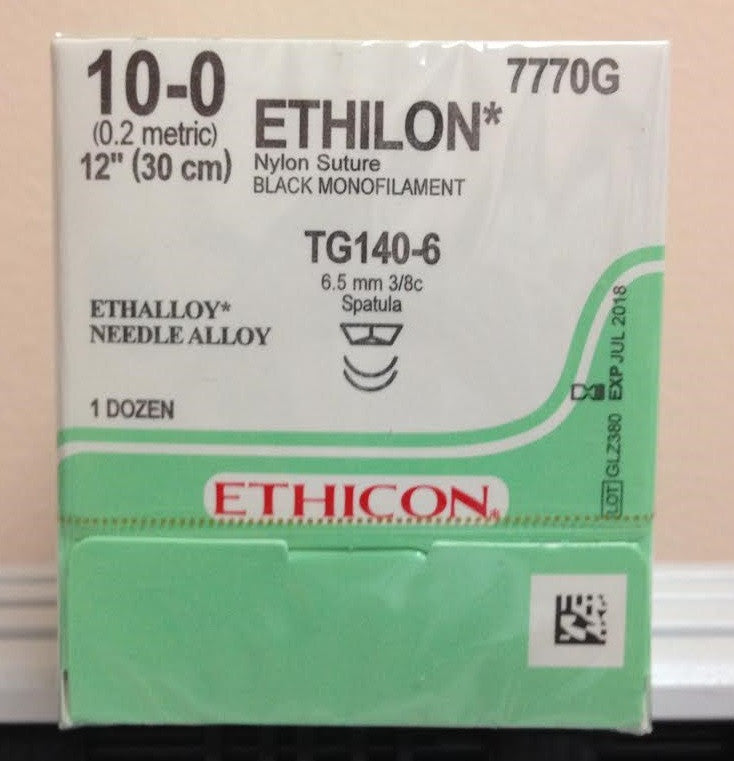 Suture, Micropoint Spatula, Size 10-0, 12", Black Monofilament, Needle TG140-4, 3/8 Circle, 1 dz/bx (Continental US Only)