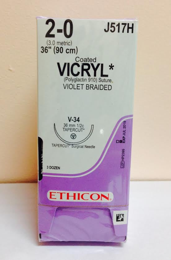 Suture, Tapercut, Size 2-0, 36", Violet Braided, Needle V-34, _ Circle, 3 dz/bx (Continental US Only)