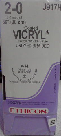 Suture, Tapercut, Size 2-0, 36", Undyed Braided, Needle V-34, _ Circle, 3 dz/bx (Continental US Only)