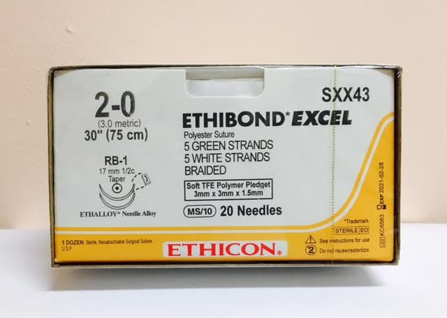 Suture, Taper Point, Size 2-0, 5-30", Green & White Braided, Needle RB-1, _ Circle, 1/8" x 1/8" x 1/16" Soft TFE Polymer Pledgets, 6/bx (Continental US Only)