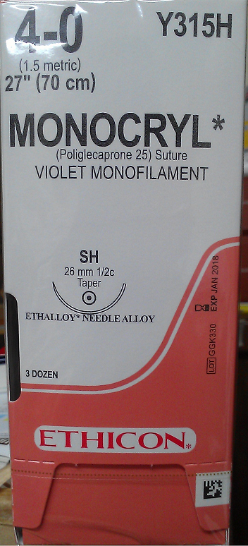 Suture, Taper Point, Size 4-0, 27", Violet Monofilament, Needle SH, _ Circle, 3 dz/bx (Continental US Only)