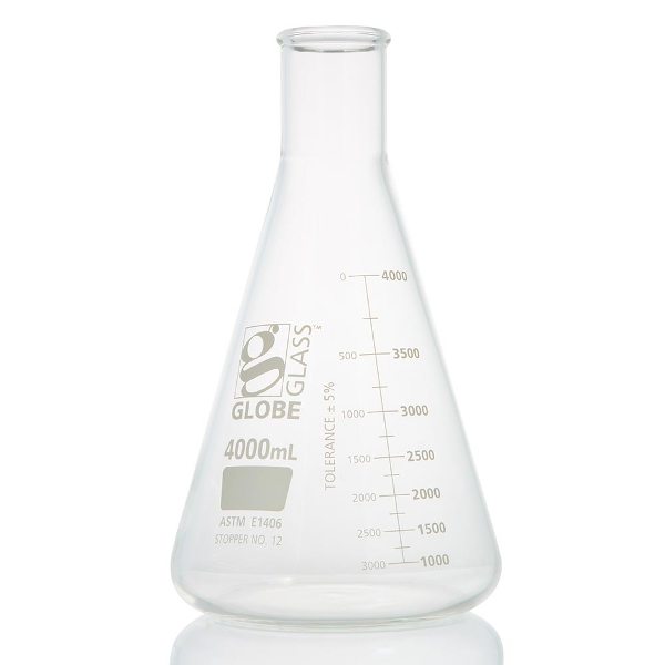 Flask, Erlenmeyer, Globe Glass, 4000mL, Heavy Duty, Narrow Mouth, Dual Graduations, ASTM E1406, 1/bx (EA=BX)