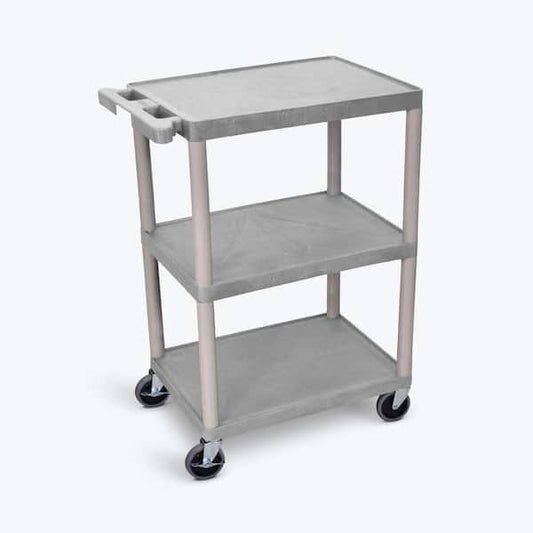 Cart, Three Shelves, Foam Plastic, Gray, 24"W x 18"D x 34"H, (4) 4" Casters (2 with Locking Brakes), Maximum Weight Capacity 400lbs