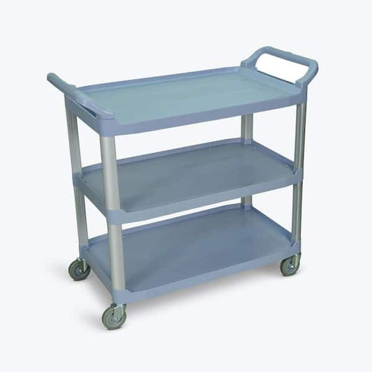 Serving Cart, Three Shelves, Gray, Polypropylene Shelves, Aluminum Uprights, 1" Lip, 40.5"W x 19.75"D x 37.25"H, 300 lb. Weight Capacity (DROP SHIP ONLY)