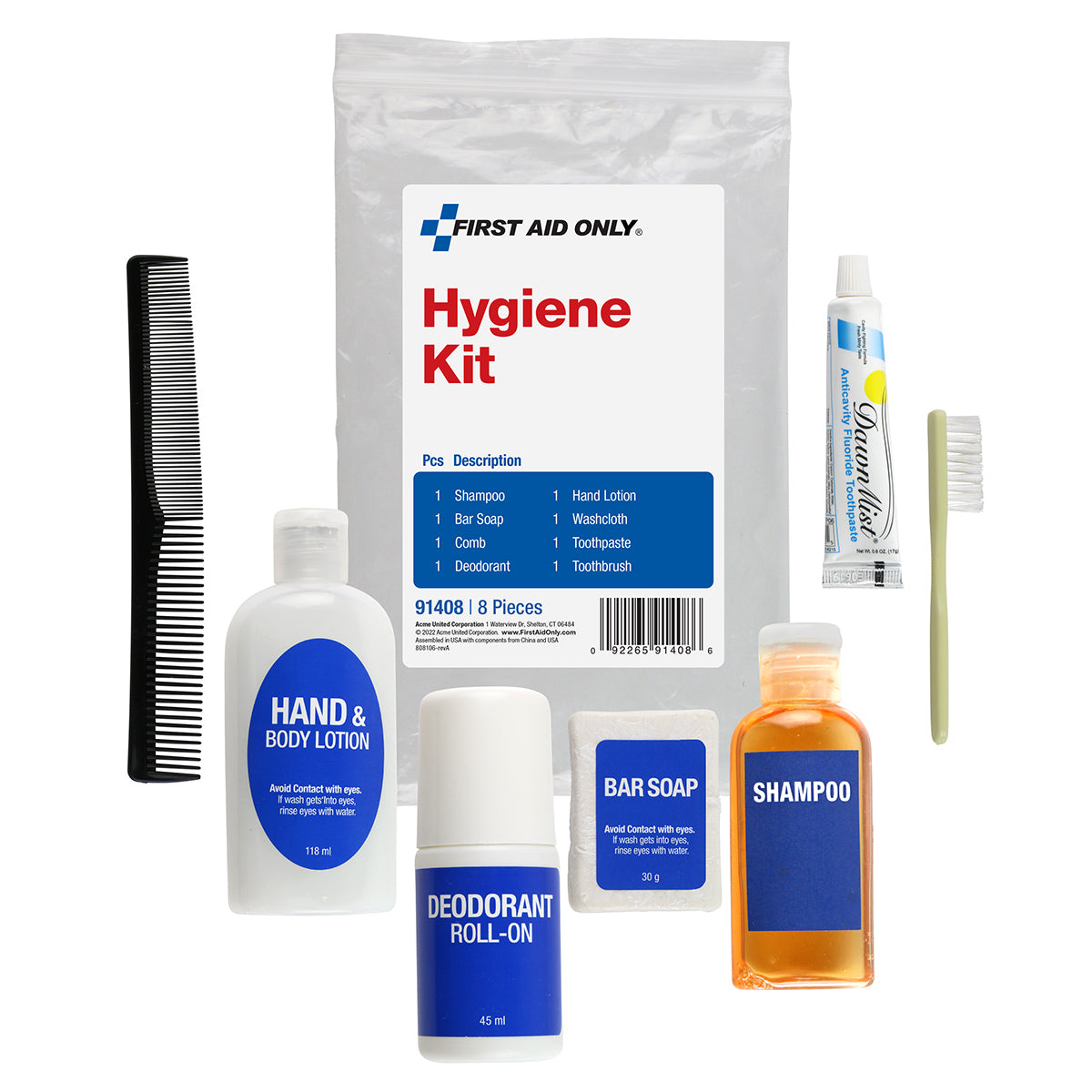 Hygiene Kit, Plastic Bag, 6"x9", Includes: (1) Shampoo, (1) Bar Soap, (1) Comb, (1) Deodorant, (1) Hand Lotion, (1) Washcloth, (1) Toothpaste, and (1) Toothbrush (DROP SHIP ONLY - $150 Minimum Order)