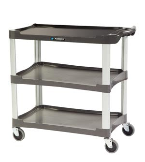 18-1/2"W X 36"L X 35"H Charcoal Plastic Utility Cart W/Aluminum Legs; 300 Lb. Load Capacity; Three 16"W X 28-1/2"L Shelves W/11-3/4" Shelf Clearance; 4" All Swivel Casters; Stain & Odor-Resistant Material; Assembles Easily Without Hardware (DROP SHIP ONLY)