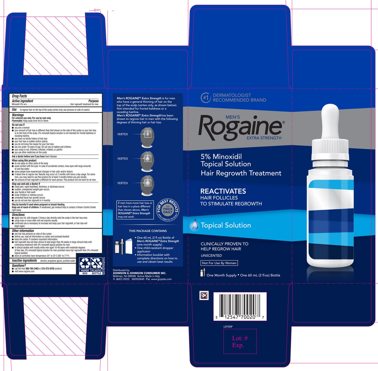 Men's Rogaine Extra Strength Hair Regrowth Treatment, 5% Minoxidil Topical Solution, 1 Month Supply, Unscented, 2 fl. oz. Bottles, 6 bx/cs (Continental US+HI Only) (Pricing Subject to Change without Prior Notification)