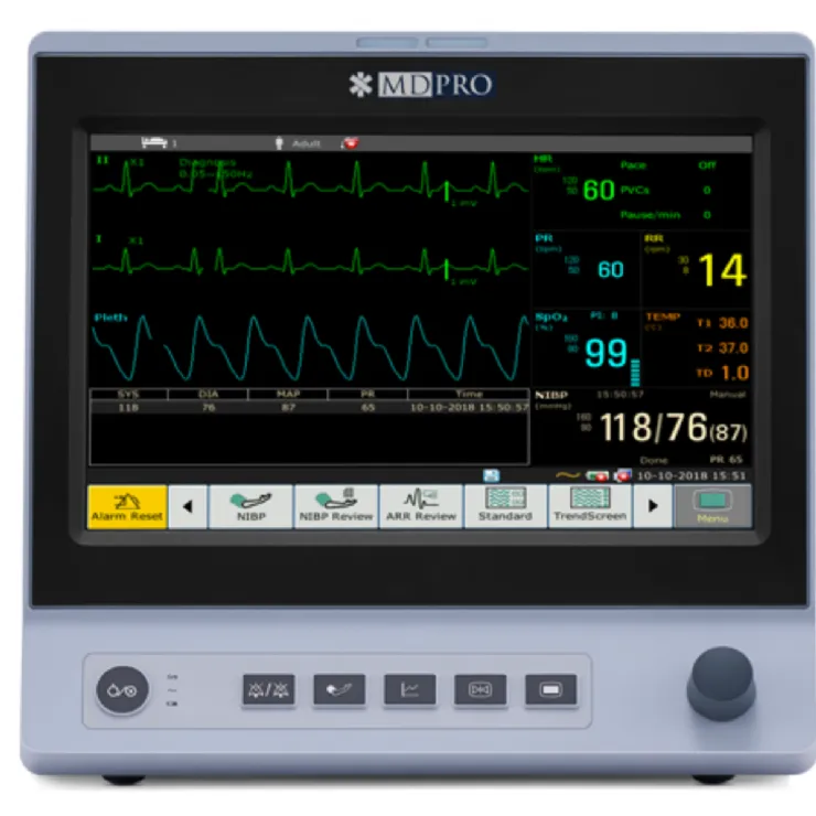 MDPro6000 Patient Monitor, 12", Touch Screen, with CO2, WiFi, and 8GB internal memory, Standard configuration (ECG, NIBP, SpO2, RESP, 2-Temp, Pulse Rate and open IBP ports), Internal G2 Sidestream CO2 uses traditional water traps and generic cannulas, Adult accessories included, printer installed, and patient ready (DROP SHIP ONLY)