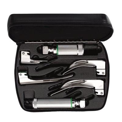 MacIntosh and Miller 2.5 V Halogen HPX Fiber-Optic Laryngoscope Set, Green Standard (ISO 7376), Stainless Steel, MacIntosh Blade Size #3, #4, Miller Blade Sizes #0, #2 (Qty. 4), Medium C-Cell Power Handle, Stubby AA-Cell Power Handle, Hard Storage Case (US Only)