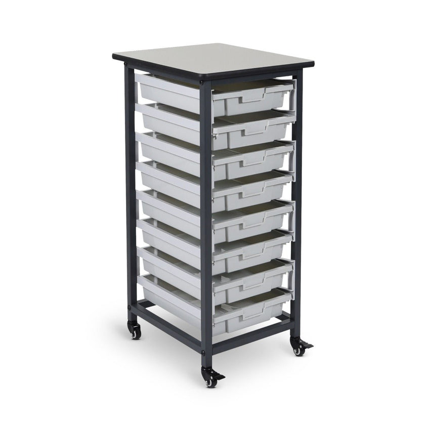 Storage Bin Unit, Mobile, Single Row, Holds 8-Small Bins, 17.125"W x 20"D x 37.5"H, Steel Frame (DROP SHIP ONLY)