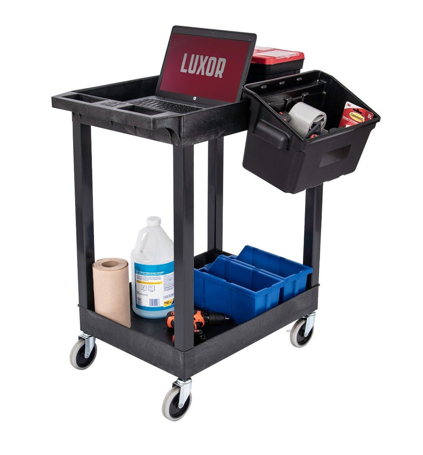 Utility Tub Cart, Plastic, Two Shelves with Outrigger Bins (2.5" Deep), 24" x 18", Overall: 27.25" W x 18" D x 34.25" H (DROP SHIP ONLY)