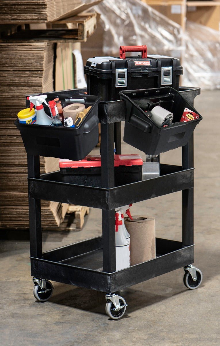 Utility Tub Cart, Plastic, Two Shelves with Outrigger Bins (2.5" Deep), 24" x 18", Overall: 24" W x 18" D x 36.25" H (DROP SHIP ONLY)
