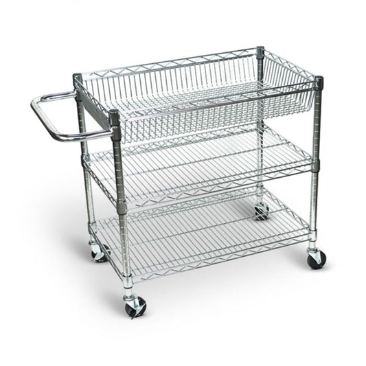 Wire Tub Cart, Three Shelves, Steel, Rolling, 30"W x 18"D x 30"H, 3" Casters Assembly Required