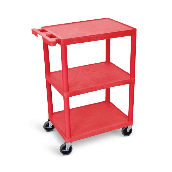 Cart, Three Shelves, Foam Plastic, Red, 24"W x 18"D x 34"H, (4) 4" Casters (2 with Locking Brakes), Maximum Weight Capacity 400lbs (DROP SHIP ONLY)