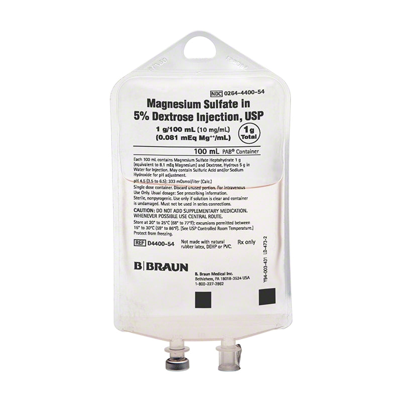 Magnesium Sulfate Injection, 1gm, 5% Dextrose, 100ml Vial, 24/cs (Rx) (Item is Non-Returnable) (Continental US+HI Only, Excluding IN and ND)
