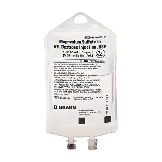 Magnesium Sulfate Injection, 1gm, 5% Dextrose, 100ml Vial, 24/cs (Rx) (Item is Non-Returnable) (Continental US+HI Only, Excluding IN and ND)