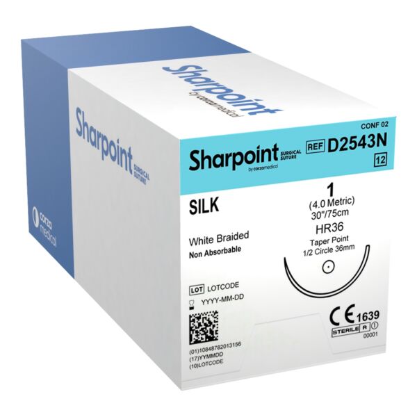 Silk Suture, White Braided, Taper Point, Size 1, 30"/75cm, 36mm, 1/2 Circle, 12/bx