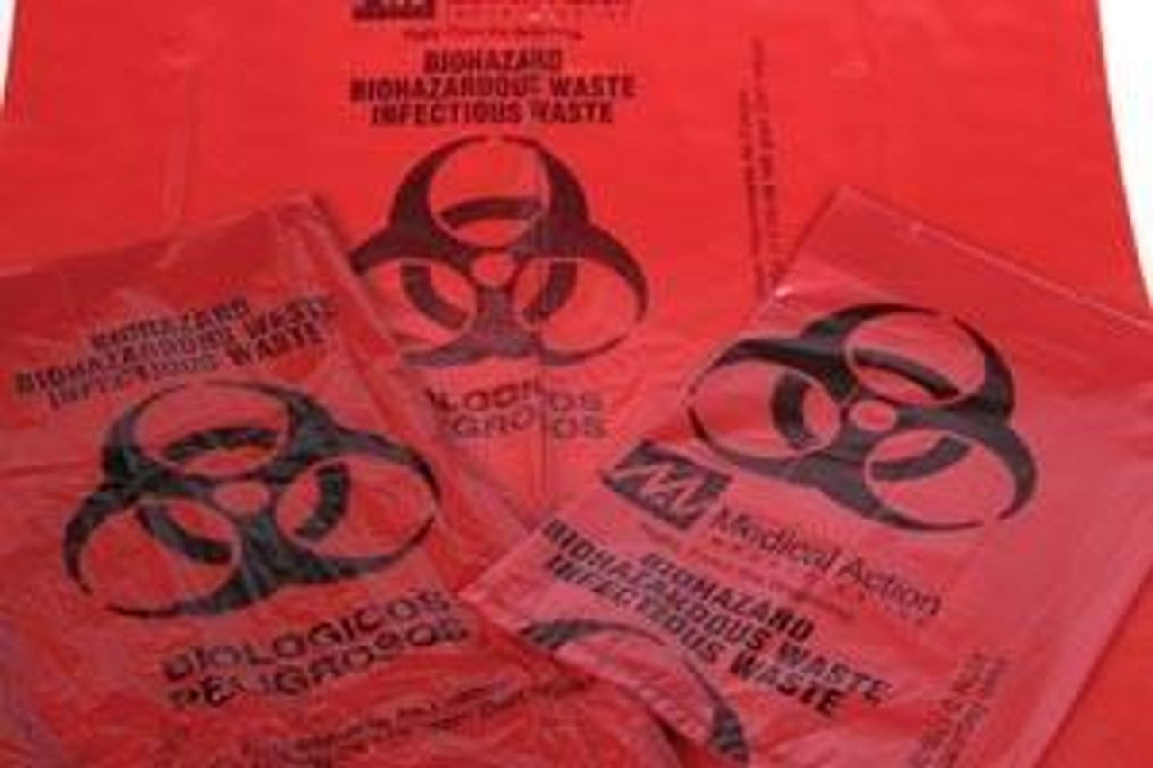 Infectious Waste Bag with Biohazard Symbol, 24" x 32", Red/ Black, 1.5 mil, 12-16 Gal, 50/pk, 5 pk/cs