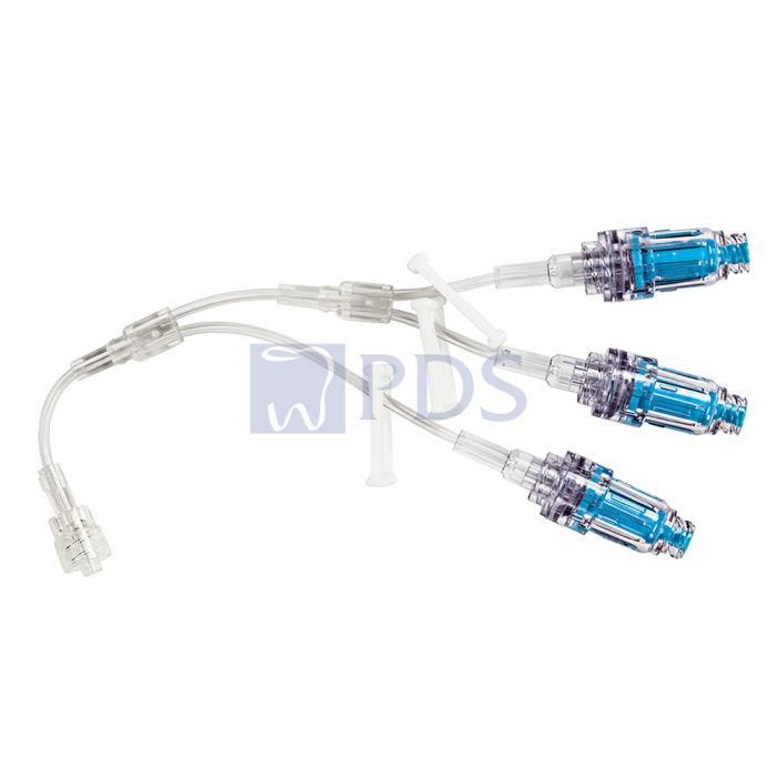 Minibore Tri-Fusion Extension Set, (3) MaxPlus Clear Needless Connectors, (3) Slide Clamps, Male Spin Lock, 7" Length, 1.5 mL PV, 50/cs (Continental US Only) (Drop Ship Requires Pre-Approval)