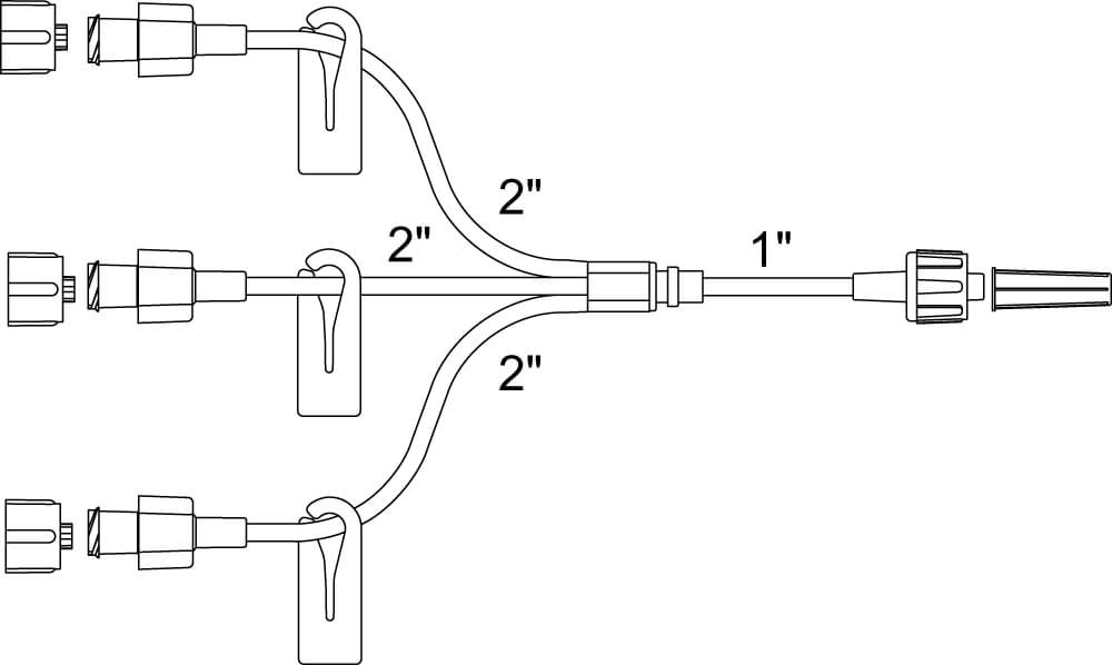 Ultra Small Bore Trifurcated Extension Set, Removable Slide Clamp, Male Luer Lock,  Non-DEHP Formulation, Latex-Free (LF), 0.5 ml PV, 4", 50/cs (165 cs/plt) (US Only)