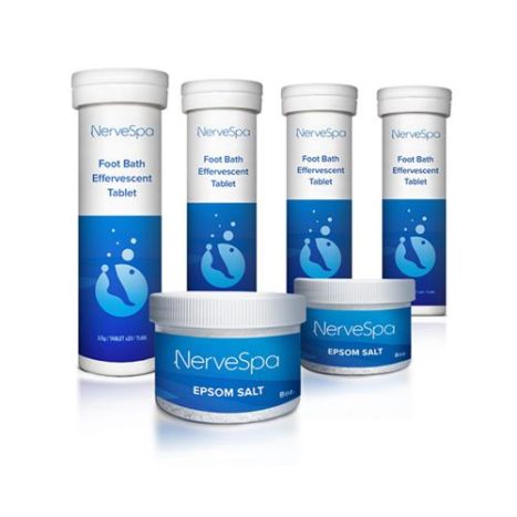Nerve Spa Foot Bath Supply Kit. Includes two 8 oz. jars of Epsom Salt + 4 tubes of Effervescent Tablets (20 tablets/tube). (Not to be Sold Online)