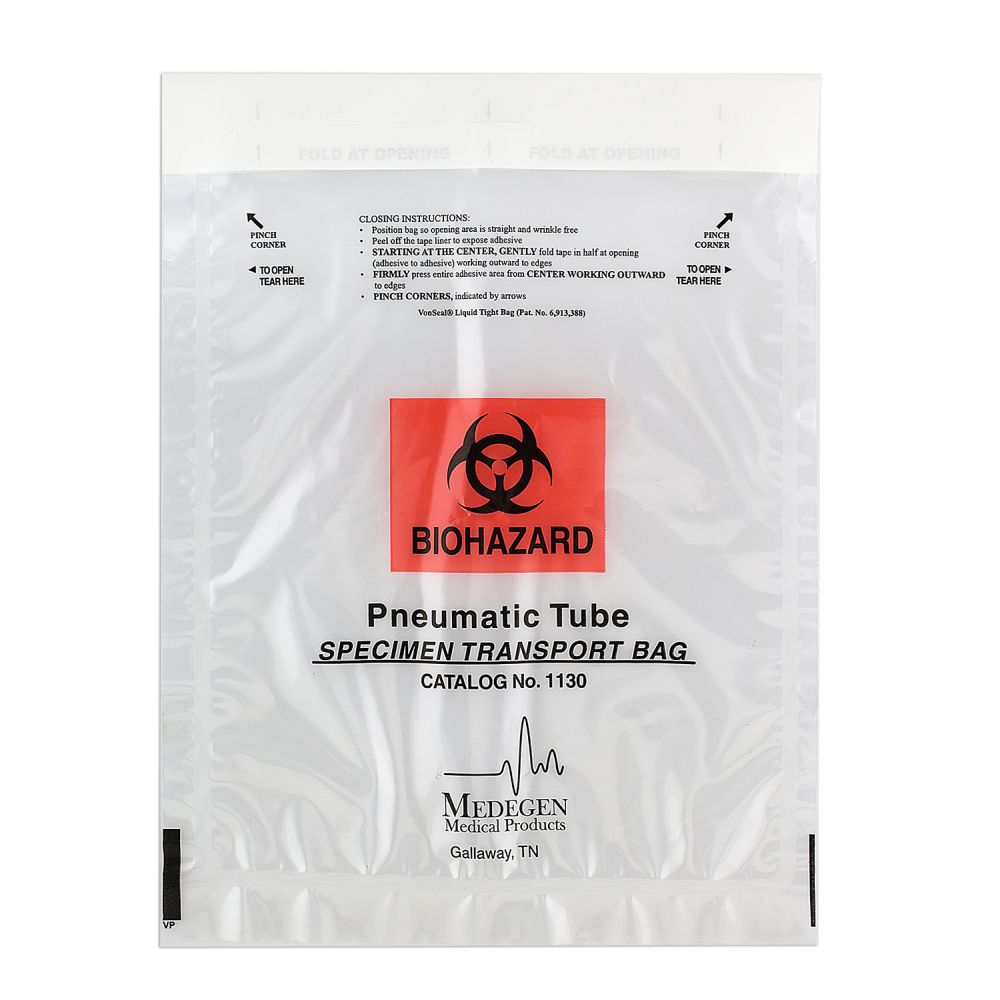 Transport Bag, 6" x 9", Adhesive Closure, Clear, Biohazard, 100/pk, 10 pk/cs