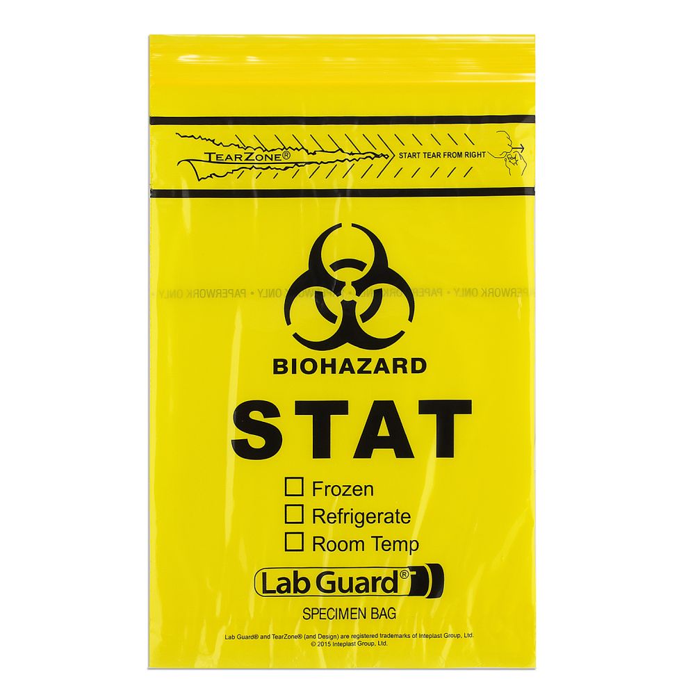 Transport Bag, 6" x 9", Zip Closure with Pouch, STAT with Biohazard Symbol, Yellow/ Black, 2 mil, 100/pk, 10 pk/cs