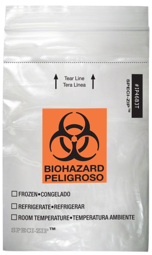 Lab Guard Standard, Single Zip Closure with Flap, 4 x 6, 2 Mil, Clear/Black & Orange, Frozen, Refrigerate, Room Temperature, 100/pk, 10 pk/cs