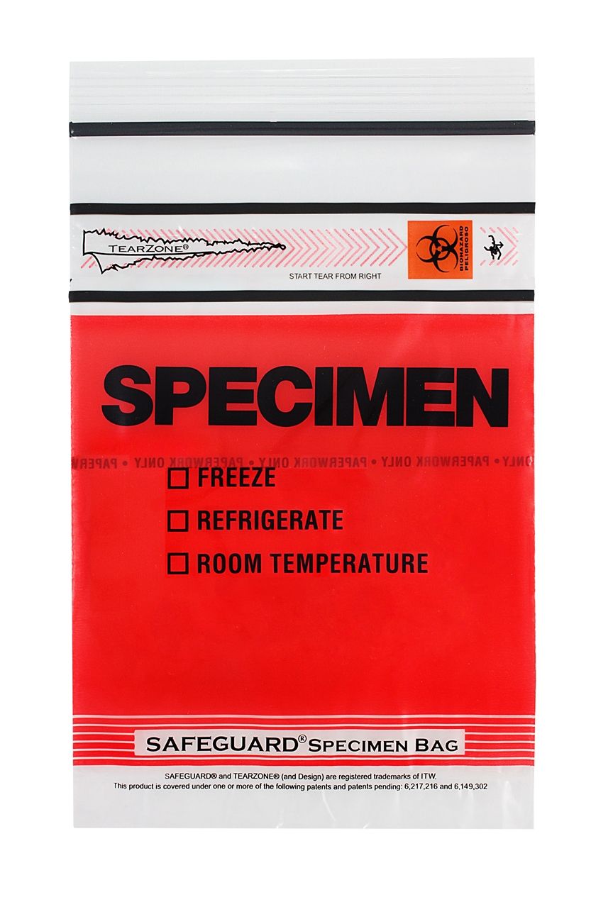 Lab Guard Standard, Single Zip Closure, with Flap, 6 x 9, 2 Mil, Clear/Red, TearZone, 100/pk, 10 pk/cs