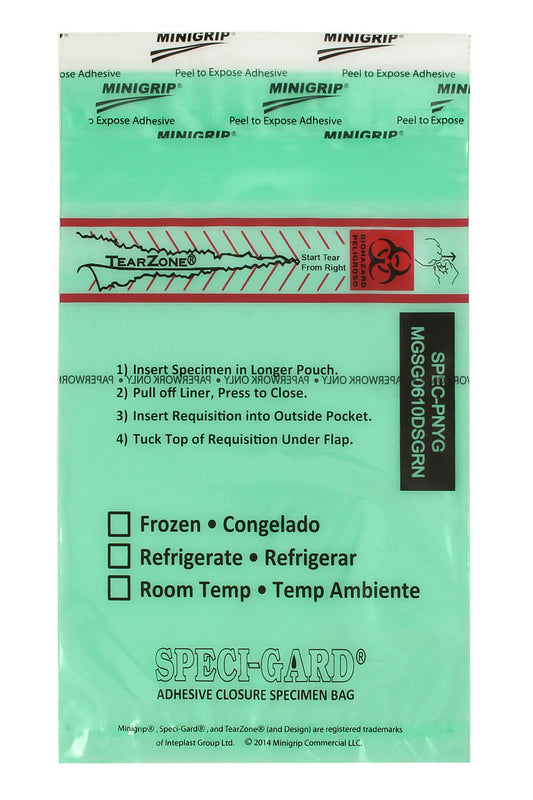Speci-Gard Transport Bag, Permanent Adhesive Closure, 6 x 10, 3-Wall, Green Tint/Black & Red with Flap, Destroyable, TearZone, 100/pk, 10 pk/cs