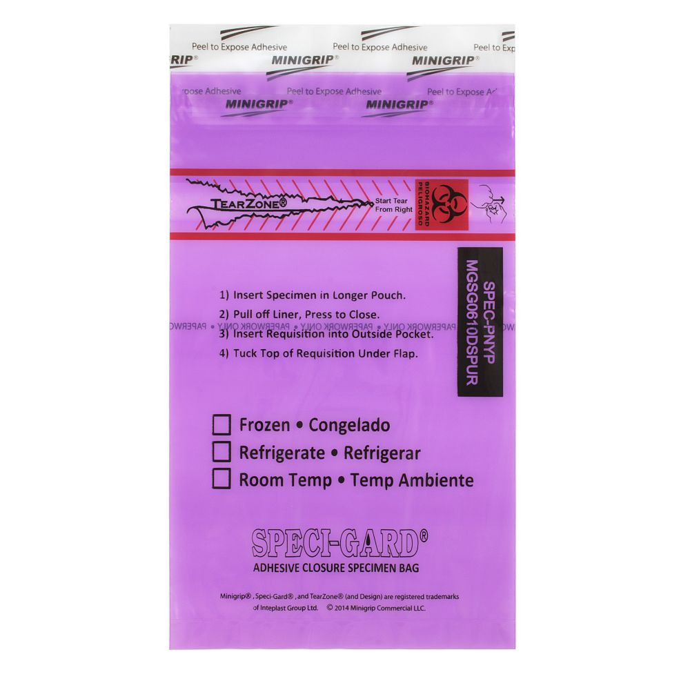 Speci-Gard Transport Bag, Permanent Adhesive Closure, 6 x 10, 3-Wall, Purple Tint/Black & Red with Flap, Destroyable, TearZone, 100/pk, 10 pk/cs