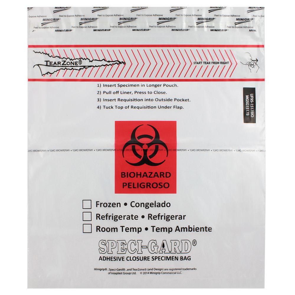 Speci-Gard Transport Bag, Permanent Adhesive Closure, 6 x 6, Clear/Black & Red, no Pouch, Destroyable, 100/pk, 20 pk/cs