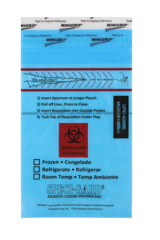 Speci-Gard Transport Bag, Permanent Adhesive Closure, 6 x 10, 3-Wall, Blue Tint/Black & Red with Flap, Destroyable, TearZone, 100/pk, 10 pk/cs