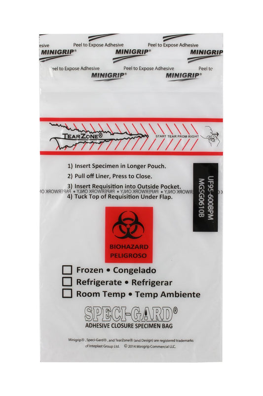 Speci-Gard Transport Bag, Permanent Adhesive Closure, 6 x 10, Clear/Black & Red, with Flap, Standard, 100/pk, 10 pk/cs
