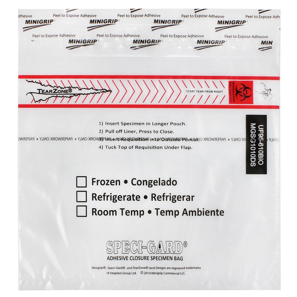 Speci-Gard Transport Bag, Permanent Adhesive Closure, 10 x 10, Clear/Black & Red, with Flap, Destroyable, 100/pk, 10 pk/cs