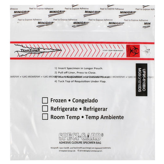 Speci-Gard Transport Bag, Permanent Adhesive Closure, 10 x 10, Clear/Black & Red, with Flap, Destroyable, 100/pk, 10 pk/cs