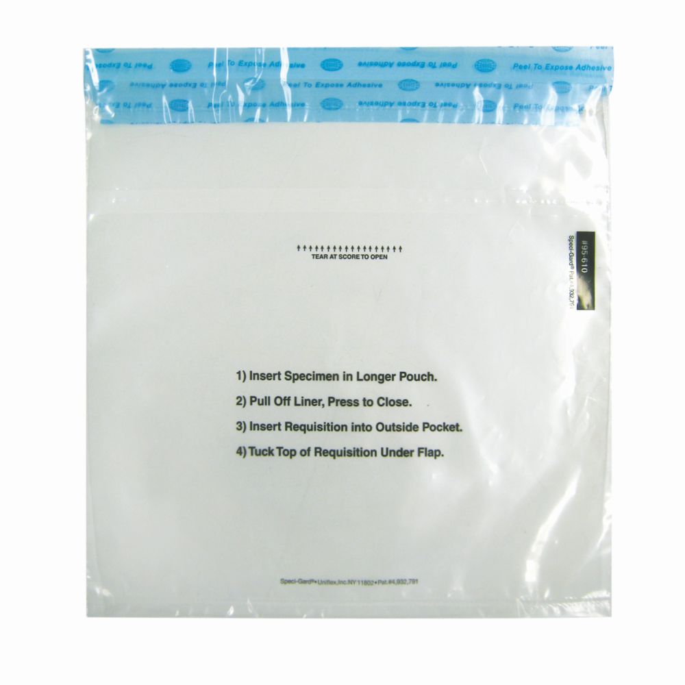 Speci-Gard Transport Bag, Permanent Adhesive Closure, Utility, No Biohazard Print, 10 x 10, 3-Wall, Clear/Black & Red with Flap, TearZone, 100/pk, 10 pk/cs